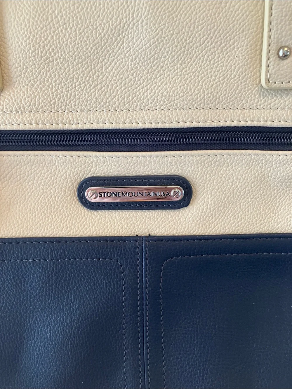 Stone Mountain Accessories Two-Tone Tote in Cream and Navy, leather